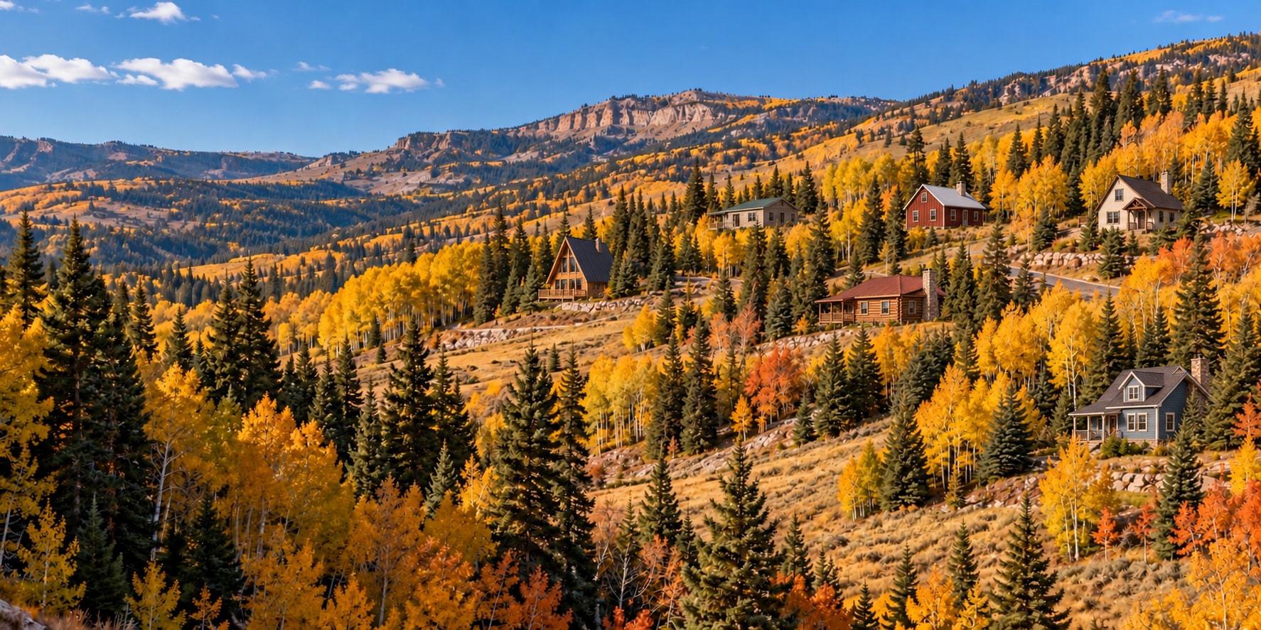 Illustrative autumn mountain landscape with homes